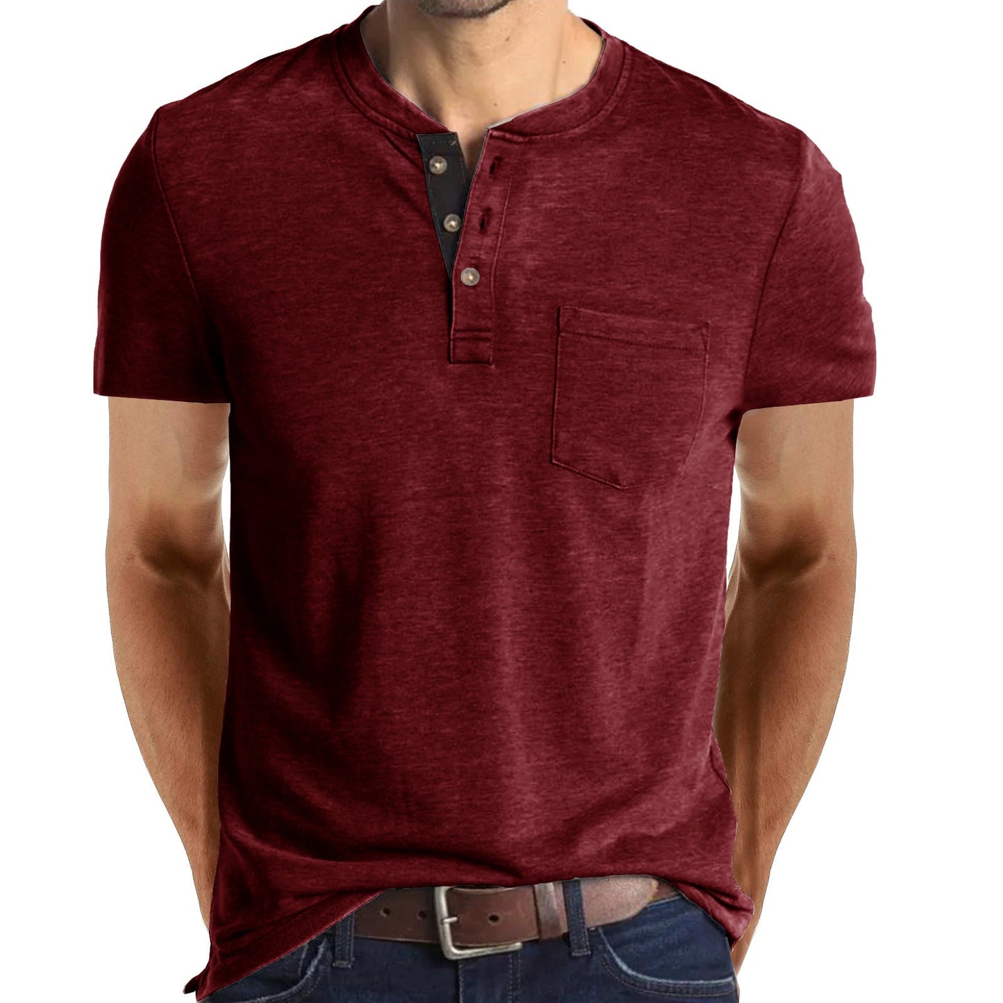 T-shirt Henley casual a maniche corte da uomo con taschino