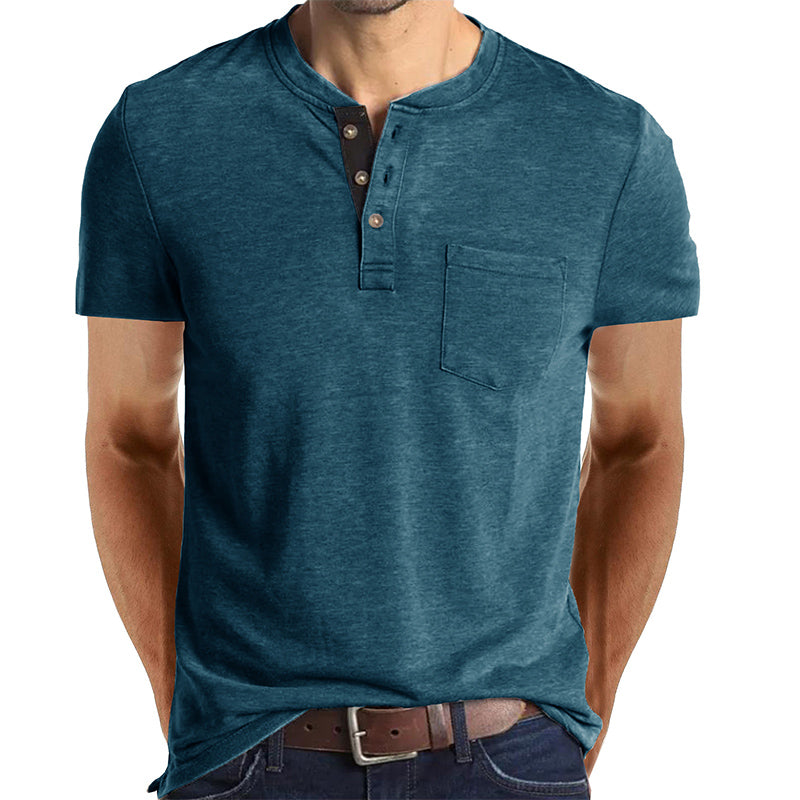 T-shirt Henley casual a maniche corte da uomo con taschino