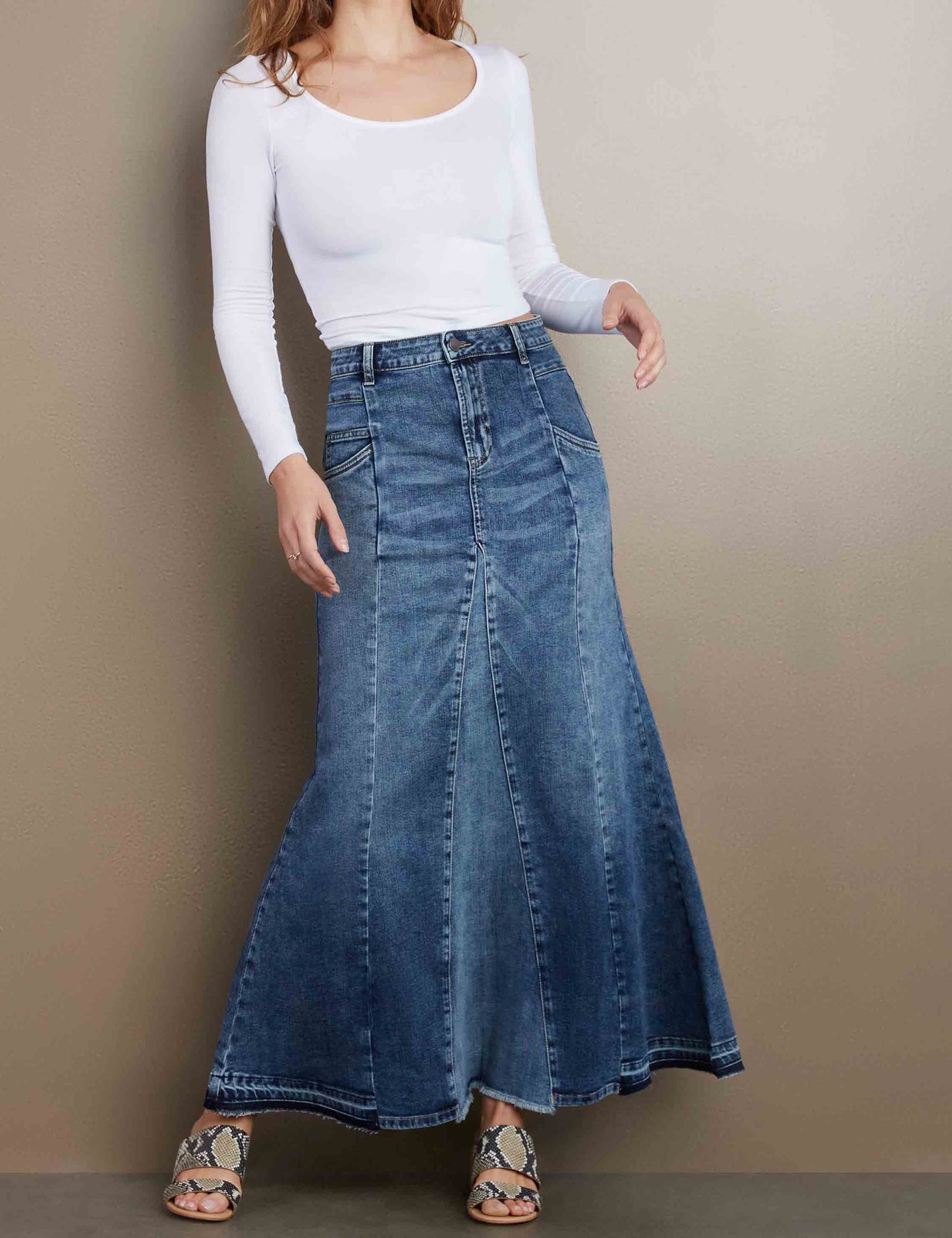 Stretch Slimming A-Line Jean Maxi Skirt