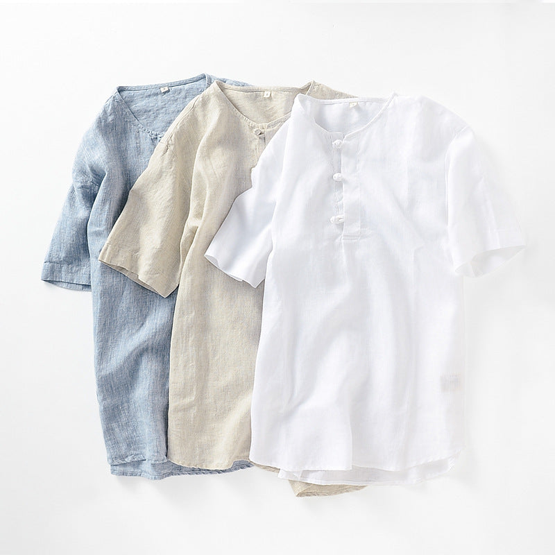 Kurzarmhemd aus 100 % Leinen mit Rundhalsausschnitt für Herren