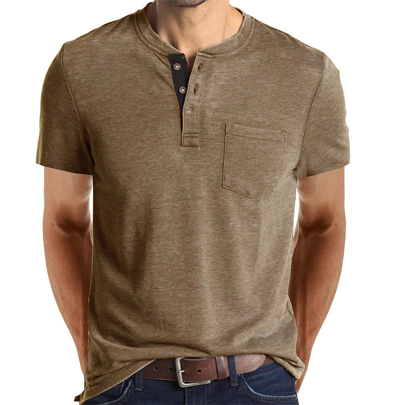 T-shirt Henley casual a maniche corte da uomo con taschino
