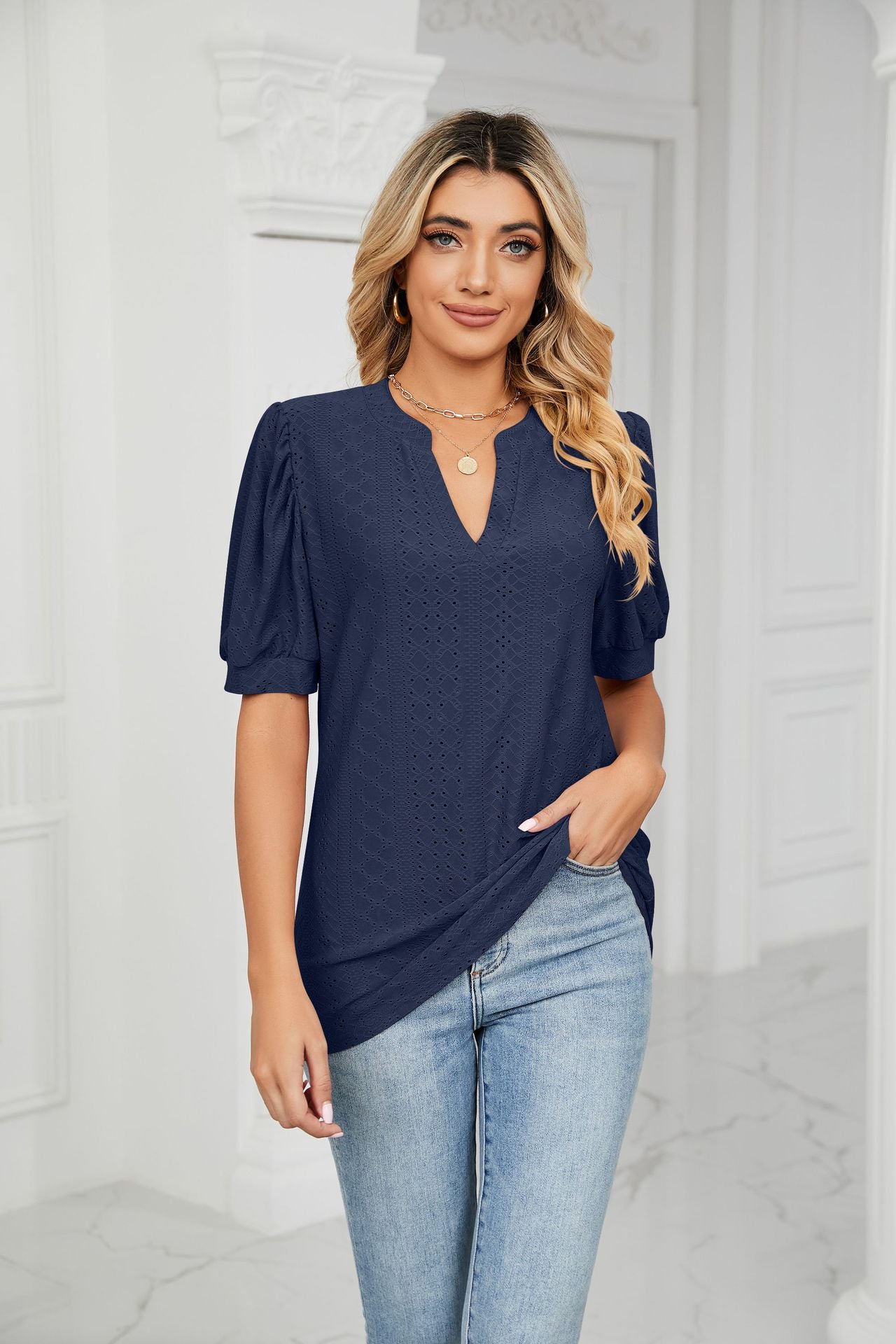 Hollow Puff Sleeve Loose V-Neck T-Shirt
