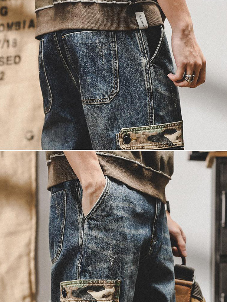 Herren Vintage Cargo Jeans mit Camouflage-Taschen, lockere Passform