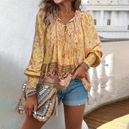 Blusa da donna con stampa floreale boho e nodo al collo
