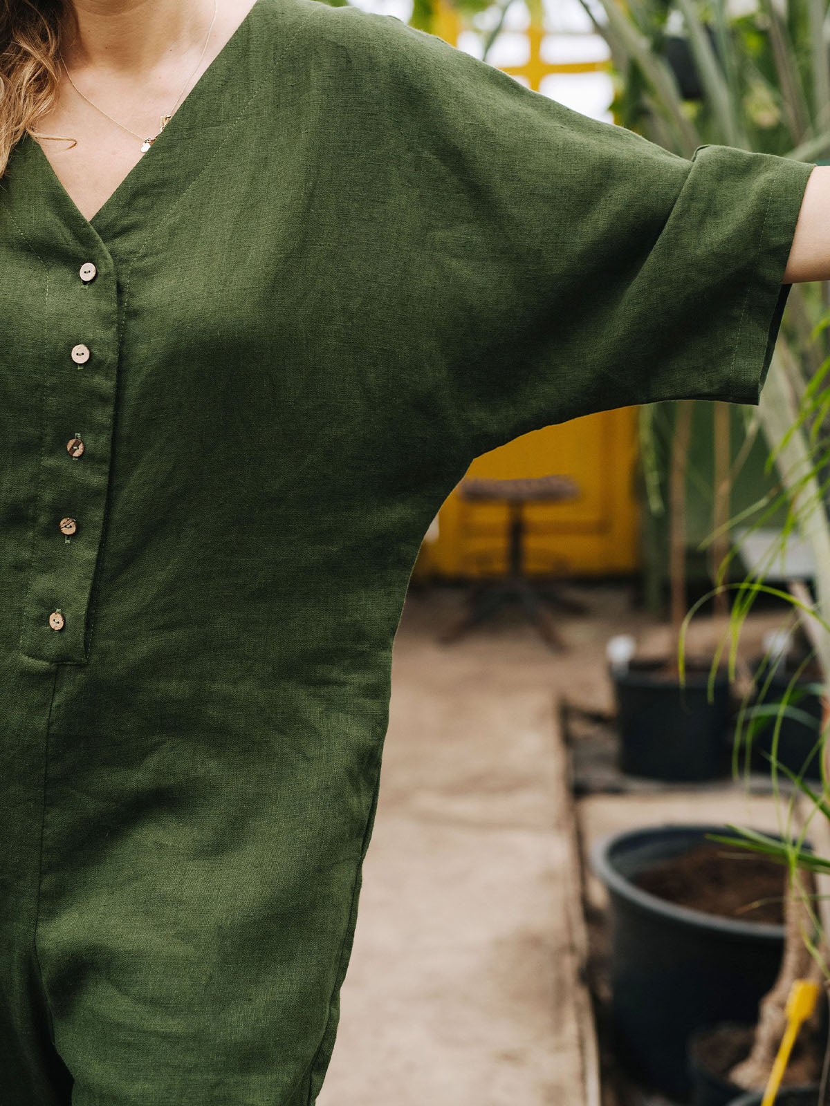 Women's Button Up Half Sleeve V Neck Cotton and Linen Jumpsuit