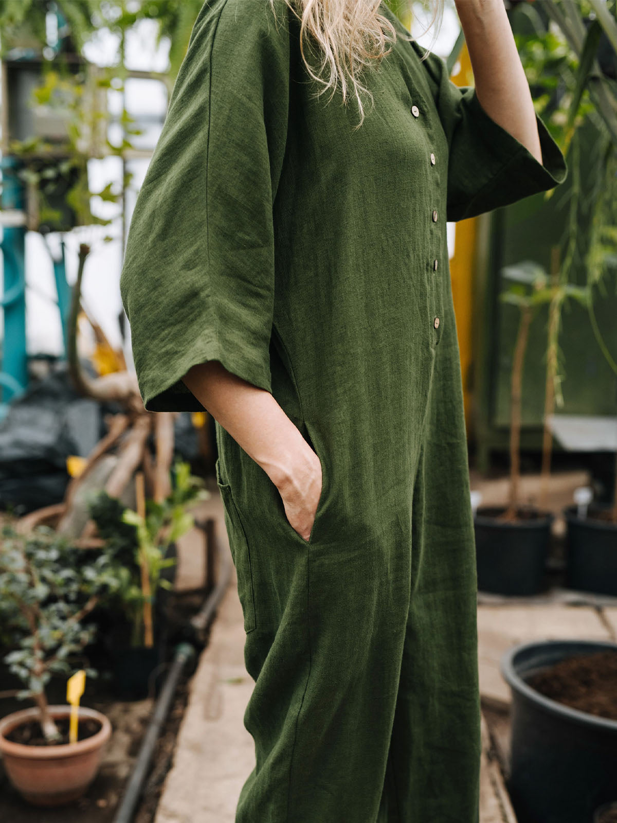 Women's Button Up Half Sleeve V Neck Cotton and Linen Jumpsuit