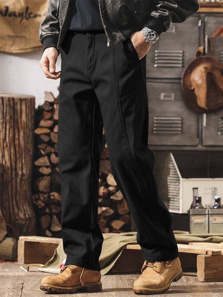 Pantaloni da uomo in 100% cotone, a gamba larga e con cuciture a contrasto, in stile retrò