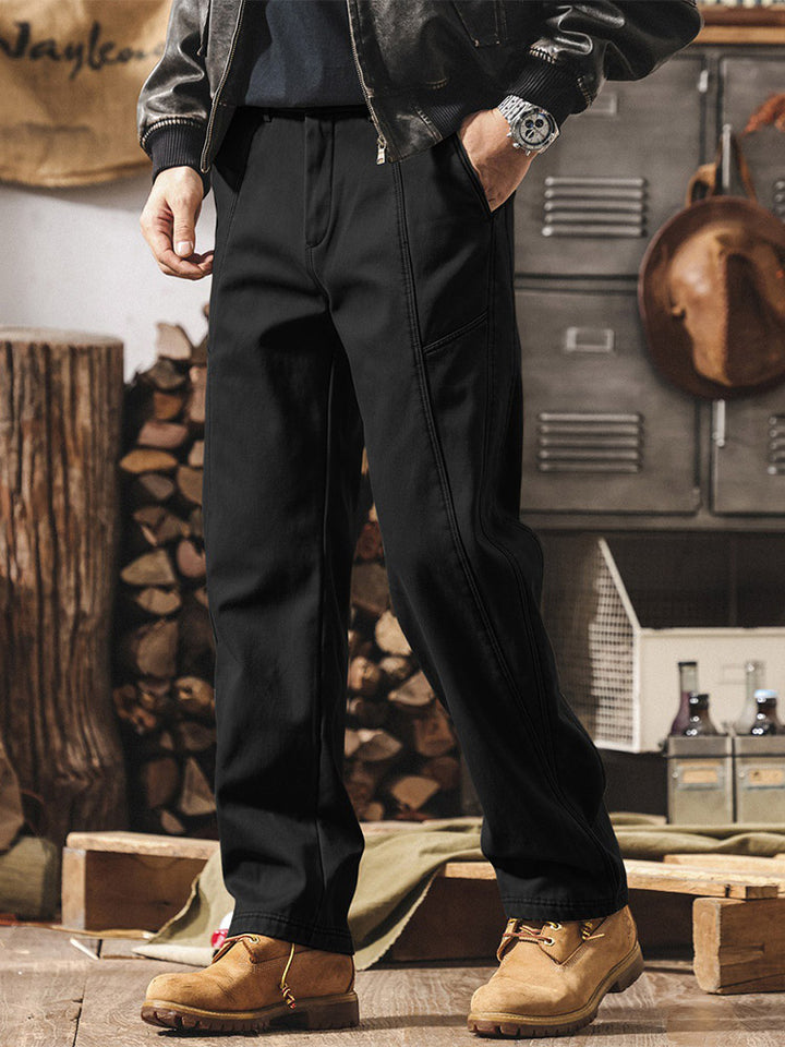 Pantaloni da uomo in 100% cotone, a gamba larga e con cuciture a contrasto, in stile retrò