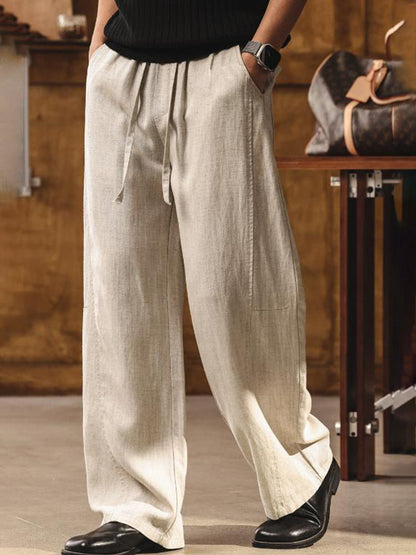 Herren Leinen Tencel Weite Hose Mit Kordelzug Freizeithose