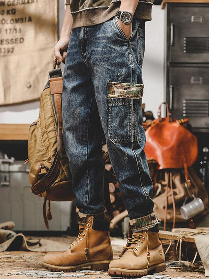 Herren Vintage Cargo Jeans mit Camouflage-Taschen, lockere Passform