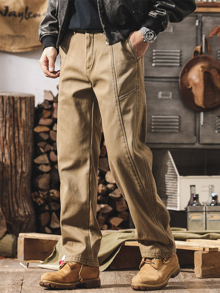 Pantaloni da uomo in 100% cotone, a gamba larga e con cuciture a contrasto, in stile retrò