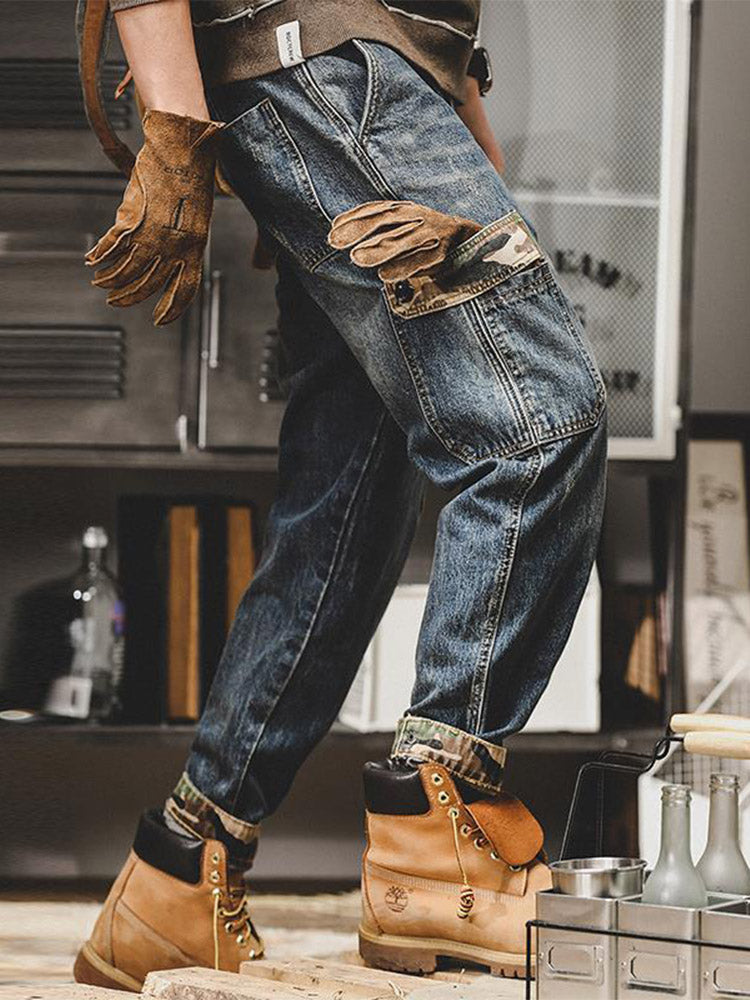 Herren Vintage Cargo Jeans mit Camouflage-Taschen, lockere Passform
