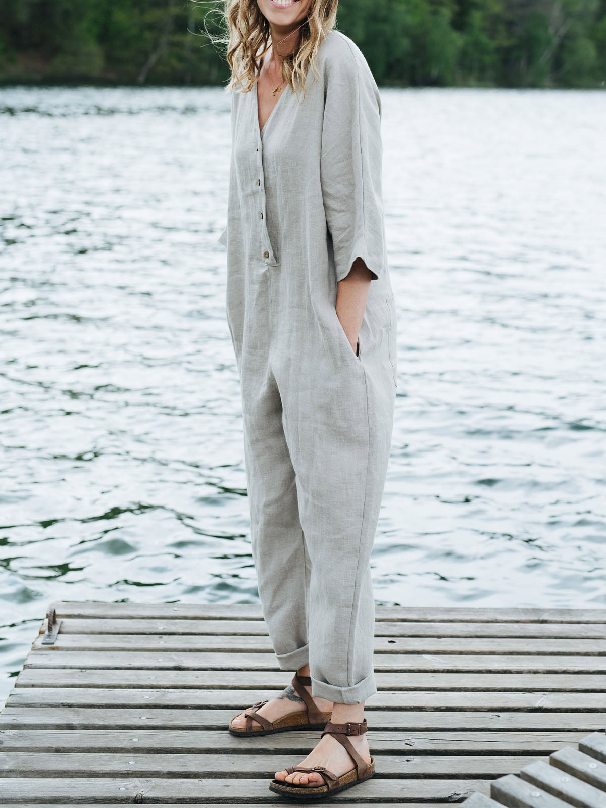 Women's Button Up Half Sleeve V Neck Cotton and Linen Jumpsuit