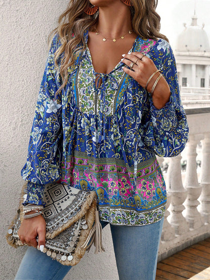 Blusa da donna con stampa floreale boho e nodo al collo