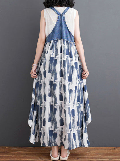 Latzkleid aus Denim mit Patchwork-Aquarellmuster