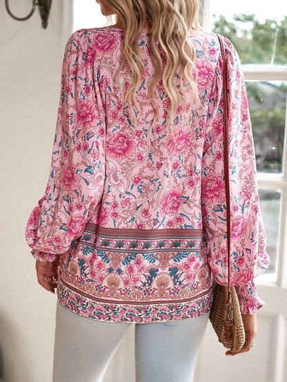 Blusa da donna con stampa floreale boho e nodo al collo