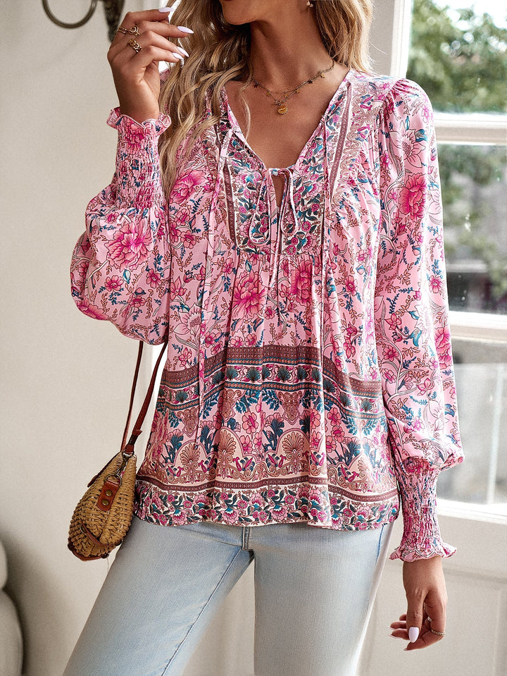 Damen-Bluse mit Boho-Blumenmuster und Schleifenkragen