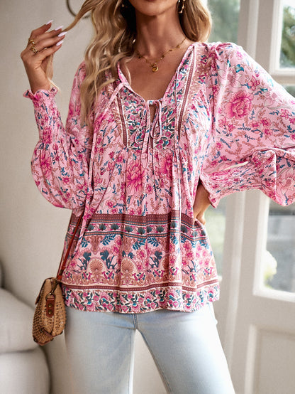 Blusa da donna con stampa floreale boho e nodo al collo