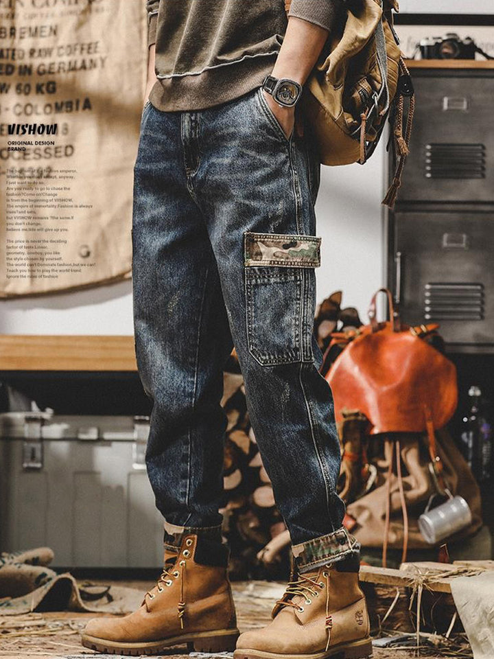 Herren Vintage Cargo Jeans mit Camouflage-Taschen, lockere Passform