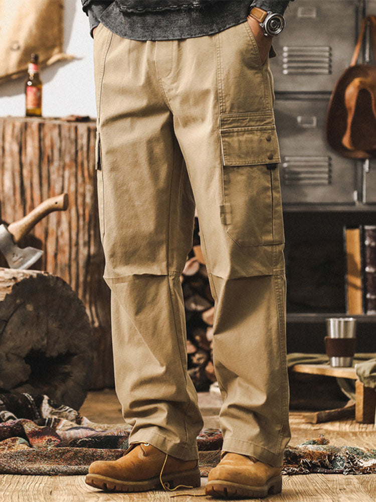 Vintage-Cargohose für Herren mit mehreren Taschen, geradem Bein und Baumwoll-Design