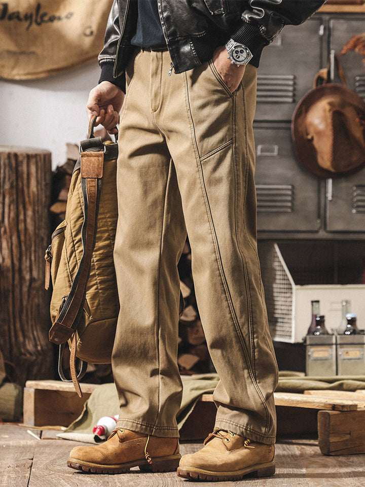 Pantaloni da uomo in 100% cotone, a gamba larga e con cuciture a contrasto, in stile retrò