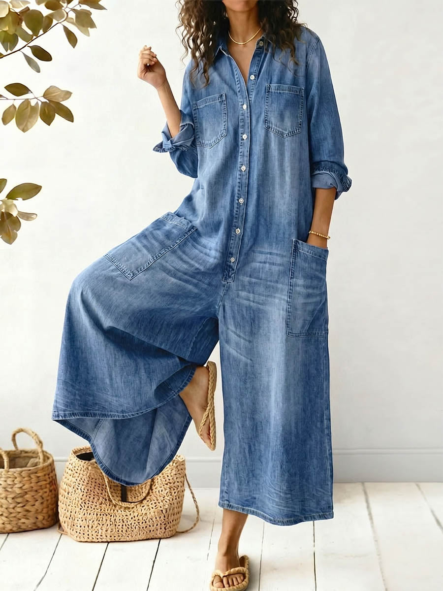 Lightweight Denim Relaxed Wide-Leg Jumpsuit