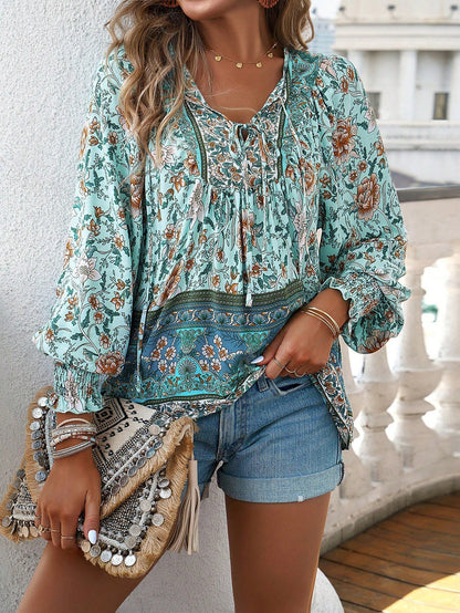 Blusa da donna con stampa floreale boho e nodo al collo