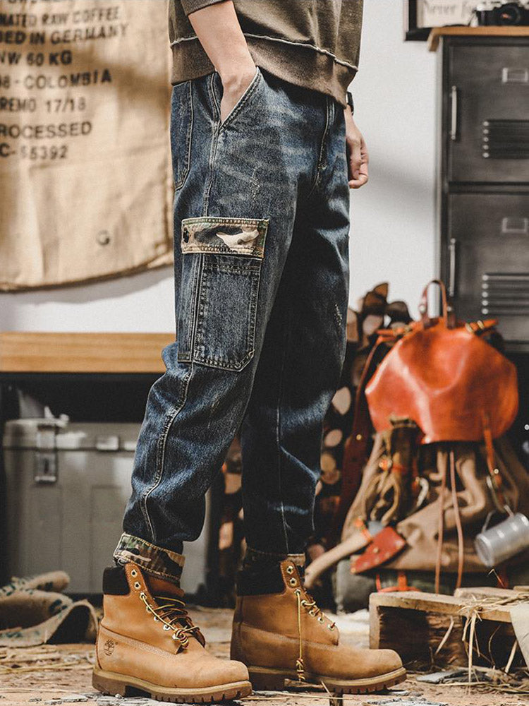 Herren Vintage Cargo Jeans mit Camouflage-Taschen, lockere Passform