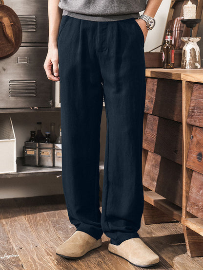Lässige Herren-Freizeithose aus Lyocell-Leinen-Mischgewebe mit Bundfalten und geradem Bein