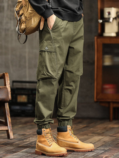 Men's Elastic Waist Button‑Decor Tapered Cargo Pants