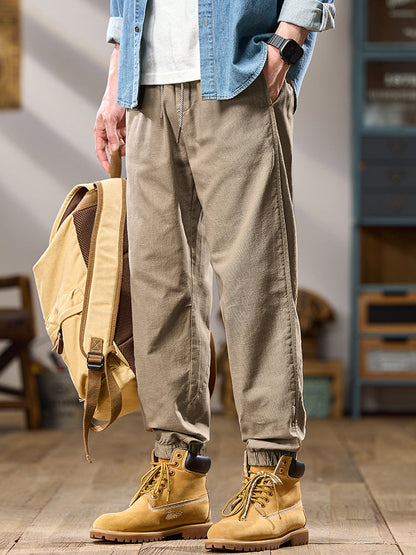 Men's Multi Pockets Relaxed‑Fit Pure Cotton Elastic Cuff Casual Pants