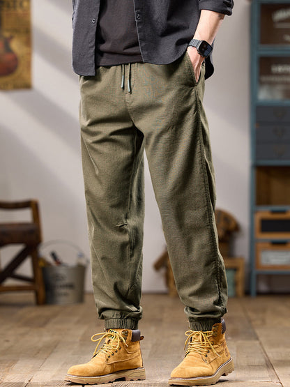 Men's Multi Pockets Relaxed‑Fit Pure Cotton Elastic Cuff Casual Pants