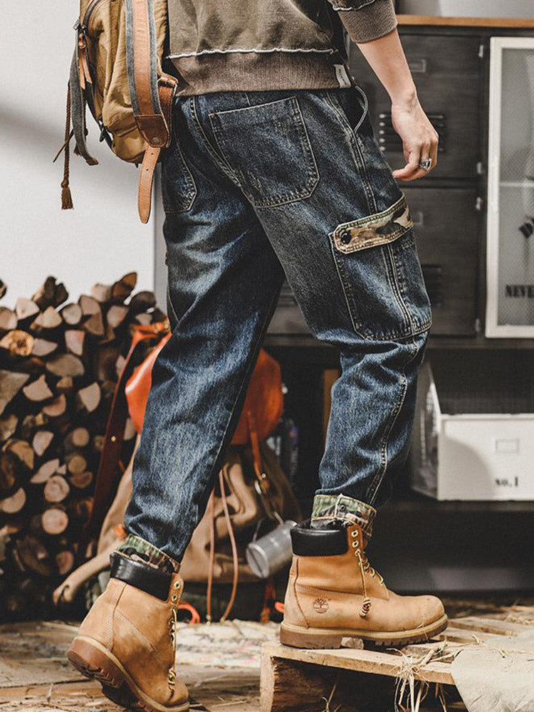Herren Vintage Cargo Jeans mit Camouflage-Taschen, lockere Passform
