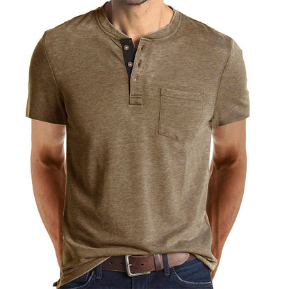 T-shirt Henley casual a maniche corte da uomo con taschino