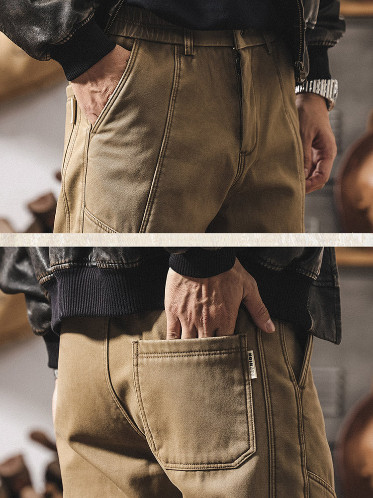 Pantaloni da uomo in 100% cotone, a gamba larga e con cuciture a contrasto, in stile retrò