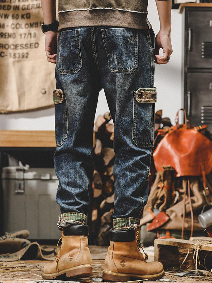 Herren Vintage Cargo Jeans mit Camouflage-Taschen, lockere Passform