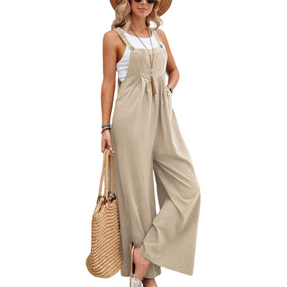 Button Strap Pocket Wide Leg Sleeveless Jumpsuit