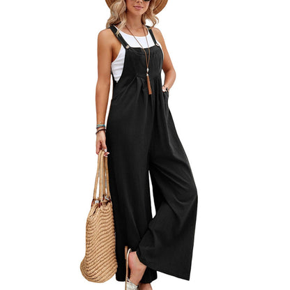 Button Strap Pocket Wide Leg Sleeveless Jumpsuit