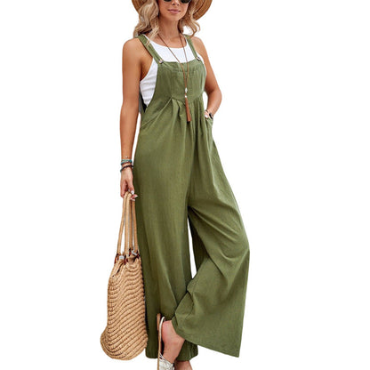 Button Strap Pocket Wide Leg Sleeveless Jumpsuit