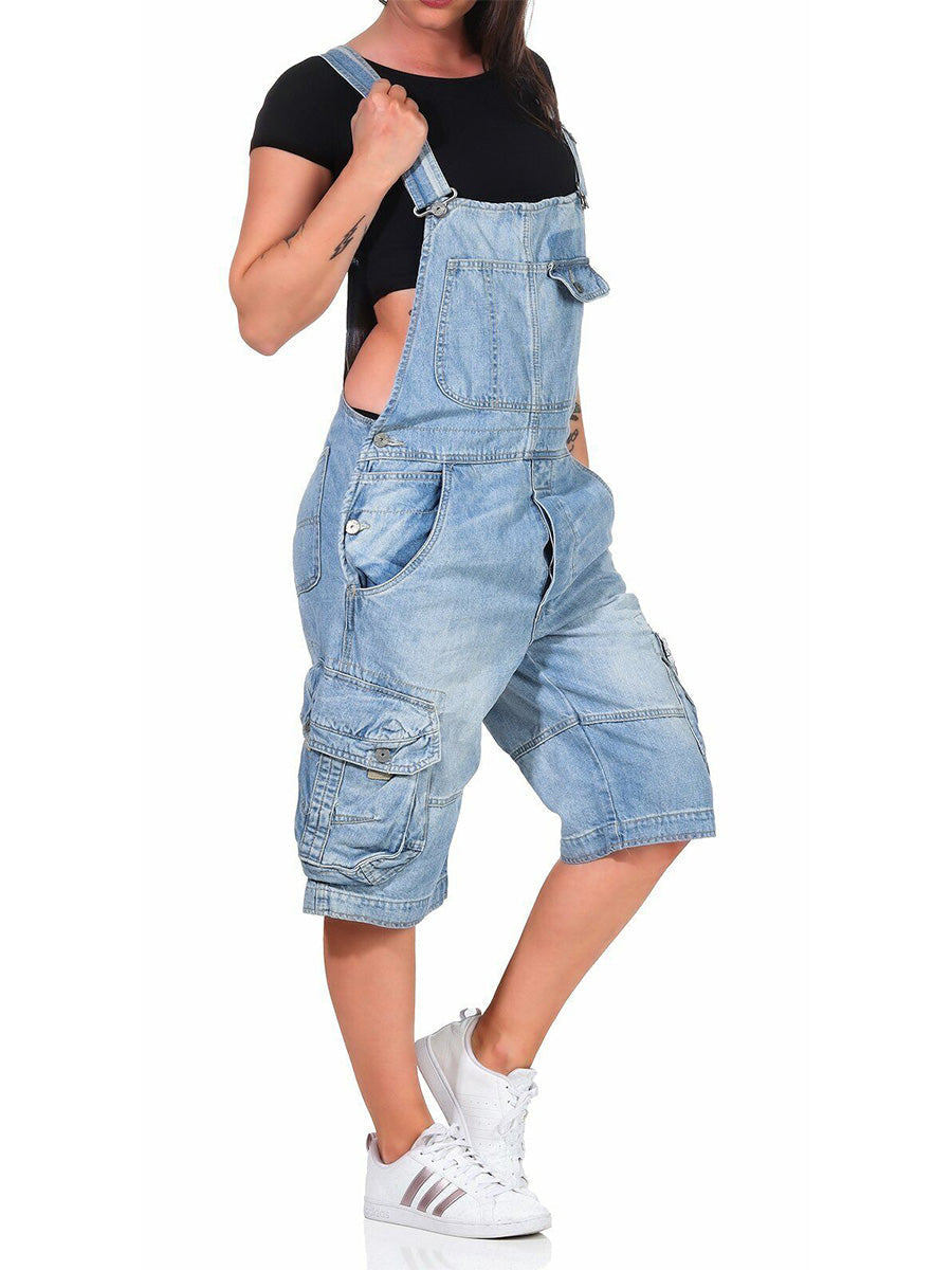 Kurze Jeans-Latzhose für Damen mit Cargotaschen