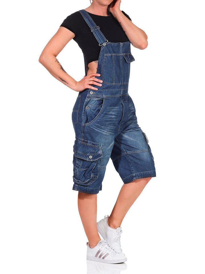 Kurze Jeans-Latzhose für Damen mit Cargotaschen