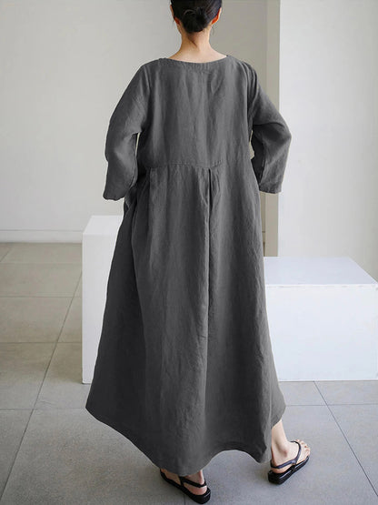 Loose Cotton and Linen Dress With Side Pockets